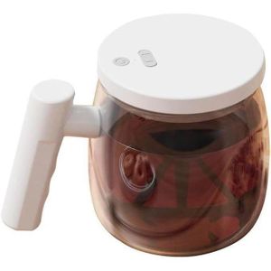 Tasse à café en verre auto-mélangeante avec couvercle hermétique et technologie de mélange USB, finition blanc lait élégant