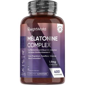WeightWorld Melatonine 1.9mg, 400 microcomprimés végétaliens, complexe de mélatonine avec magnésium, vitamine B6, passiflore et camomille pour adultes