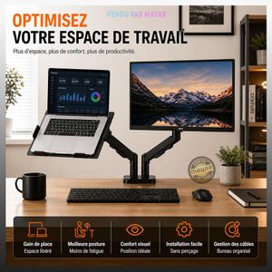 Support Double Bras pour Écran 13 à 32 pouces et Ordinateur Portable – Support de Bureau Réglable 360° avec Plateau Laptop, Bras Articulé, Fixation VESA et Pince de Bureau