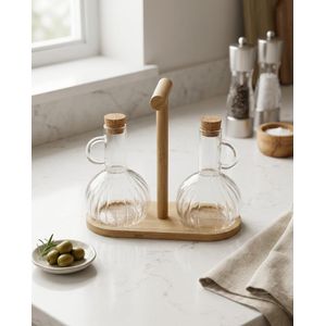 2 huiliers en verre avec plateau-couvercle liège -Ensemble Huilier et Vinaigrier en Céramique Support en Bambou - 2 Pièces Capacité Approx. 500ml 