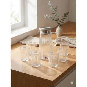Service à Boissons 7 Pièces - Pichet en Verre Borosilicaté Strié 1.5L avec Couvercle en Acier Inoxydable et 6 Verres Assortis - Design Moderne