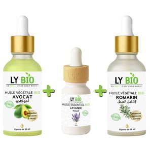 LY BIO PACK HUILE AVOCAT 50ml - PIPETTE + HUILE ESSENTIEL LAVANDE 10ML + HUILE ROMARIN 50ml - PIPETTE