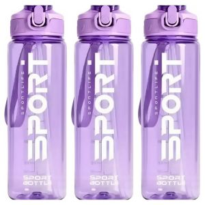 Lot de 3 - Bouteille d'Eau de Sport - Plastique Violet Transparent avec Sangle - Pour Activités Physiques et Quotidiennes