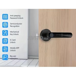 قفل باب ذكي ببصمة الإصبع - مقبض ذكي مع رمز سري وبطاقة RFID وتطبيق الهاتف - أسود