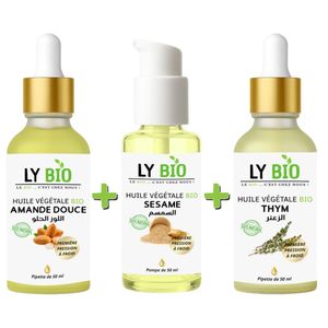 LY BIO PACK HUILE AMANDE DOUCE 50ML - PIPETTE + HUILE SESAME 50ml - POMPE + HUILE THYM 50ML - PIPETTE