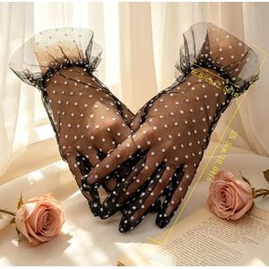 Gants de Mariage & Soirée en Dentelle Transparente Noire à Pois – Gants Courts Volantés Pour Femme