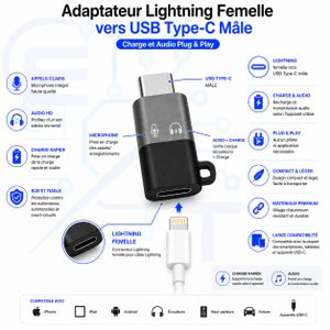Adaptateur Lightning Femelle vers USB Type-C Mâle – Charge Rapide, Audio & Microphone, Plug & Play