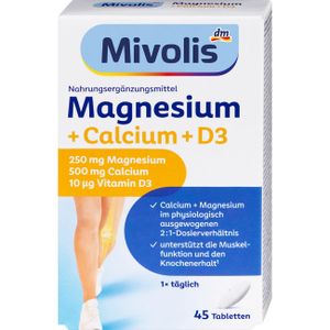 Mivolis Magnésium + Calcium + Vitamine D3 – 45 Comprimés de Magnesium – Équilibre 2:1 – Os, Muscles & Santé