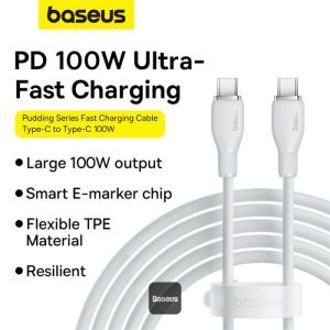 Baseus Câble Pudding USB‑C vers USB‑C 100W 5A – 1,2m Blanc Type-C avec Puce E‑Marker - Charge rapide pour PC et Téléphone