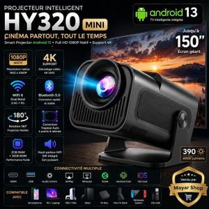 Projecteur Intelligent HY320 Mini 4K Android 13 WiFi 6 Bluetooth 5.0 – 390 ANSI – Full HD 1080P Natif – Rotation 180° – Correction Trapèze Auto – 2 Go RAM + 16 Go ROM