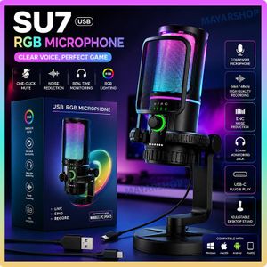 Microphone à Condensateur USB SU7 RGB – 24 Bit / 48 kHz, Réduction de Bruit ENC, Monitoring 3,5 mm, Mute Tactile, Réverbération & Support de Bureau