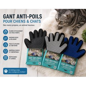Gant de toilettage gant de brosse pour chat gant anti-chute double face gant d'épilation pour chien, outil de massage avec conception à cinq doigts, convient aux chats, chiens, lapins et chevaux à poils longs  courts et bouclés