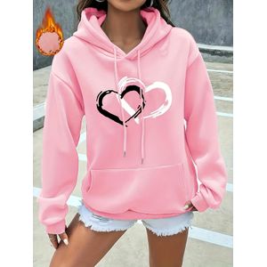 Sweat-shirt décontracté à capuche et poche pour femme avec imprimé double cœur