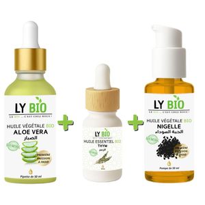 LY BIO PACK HUILE ALOE VERA 50ml - PIPETTE + HUILE ESSENTIEL THYM 10ML + HUILE NIGELLE 50ML - POMPE