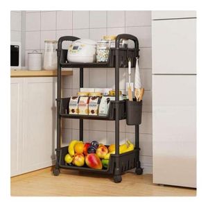 Étagère de rangement polyvalente en plastique à 3 niveaux avec roulettes et crochets latéraux