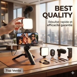 Kit complet de vlogging pour iPhone et Android : kit de démarrage YouTube avec microphone, lumière LED, trépied, télécommande – Perfect Studio Creator Video Maker pour YouTube, Instagram, Facebook