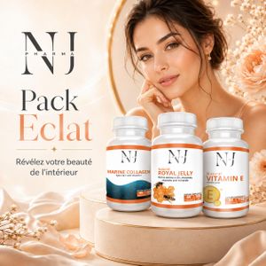 NJ PHARMA PACK ÉCLAT - Compléments Alimentaires - COLLAGÈNE MARIN TYPE I & II 250 mg & Vitamine C 50 mg (90 gélules) + VITAMINE E (30 capsules / 180 mg) + GELÉE ROYALE - (60 capsules / 300 mg)