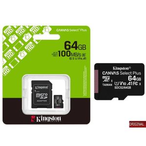 Kingston Carte Memoire Originale 64GB Carte microSD Canvas Select Plus - Classe 10 Vitesse jusqu'à 100MB/s