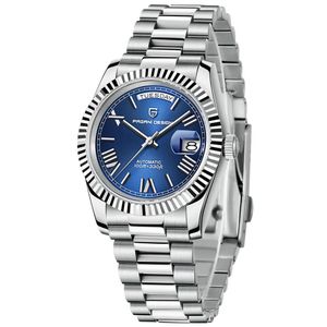 Montre Homme Automatique Mécanique PD-1752 Cadran Bleu Chiffres Romains Lunette Cannelée Jour Date Verre Saphir Acier 100m