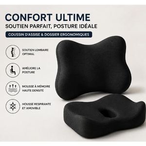 Ensemble Coussin d’Assise et Coussin Lombaire Ergonomiques en Mousse à Mémoire de Forme – Confort et Soutien du Dos