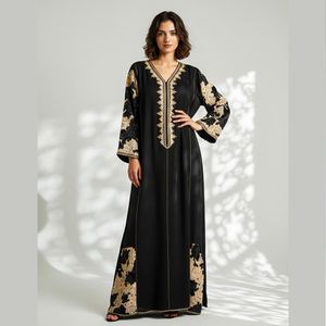 Caftan Long Noir Élégant avec Broderie Dorée – Manche Légèrement Transparente M/L/XL/XXL