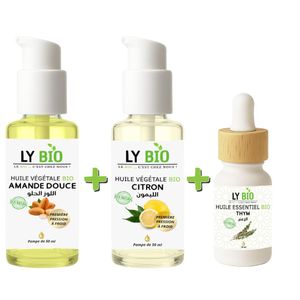 LY BIO PACK HUILE AMANDE DOUCE 50ml - POMPE + HUILE CITRON 50ML - POMPE + HUILE ESSENTIEL THYM 10ML