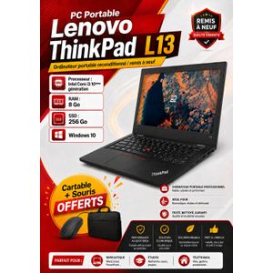 Lenovo PC PORTABLE  Thinkpad L13 Core i3-10ème Génération-RAM 8GB -256 SSD-AZERTY-GARANTIE 6 MOIS- SOURIS GRATUIT-Remis a Neuf/