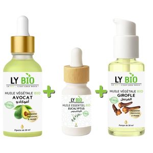 LY BIO PACK HUILE AVOCAT 50ml - PIPETTE + HUILE ESSENTIEL EUCALYPTUS 10ML + HUILE GIROFLE 50ML - POMPE