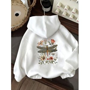 Sweat à capuche de sport pour femme avec imprimé élégant libellule et fleurs  Design décontracté et tendance avec fleurs colorées et feuilles vertes, à capuche, toutes saisons, tissu légèrement extensible