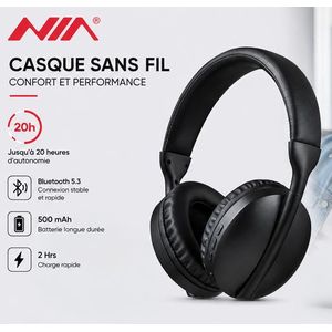 Nia Casque Bluetooth 5.3 casque sans fil, Autonomie 20H - Carte Micro SD/TF/Modes Radio FM casque HiFi stéréo