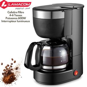 Lamacom Machine à Café Filtre 4 à 6 Tasses, 600W, Verseuse en Verre, Maintien au Chaud Automatique, Bol En verre, Système Anti-Goutte, Porte-Filtre Amovible, Le Café Toujours Prêt