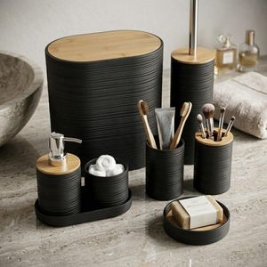 Ensemble d'Accessoires de Salle de Bain 7 Pièces - Design Texturéc & Bambou Naturel - Résine Durable