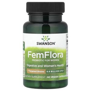 Swanson FemFlora Probiotiques Femme – 9,8 Milliards UFC – 7 Souches Lactobacillus – 60 Capsules Véganes – Flore Intime & Digestion –