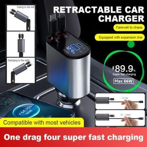 Charger Chargeur de voiture 120W Avec Cable Intégré rétractable Lightning + Type-C