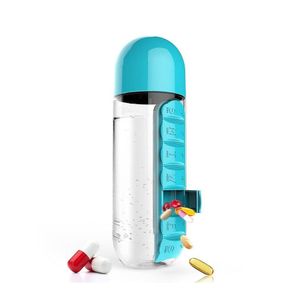 Bouteille d'Eau avec Organisateur de Médicaments Portable 5 (Bleu) - 600 ml