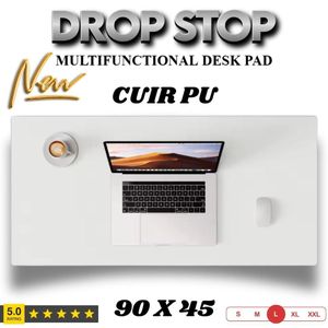 Drop Stop Sous-main de bureau, tapis de souris, sous-main de bureau antidérapant en cuir PU avec bords cousus, idéal pour le bureau, la maison et l'école ( Blanc ) 90 x 45cm.