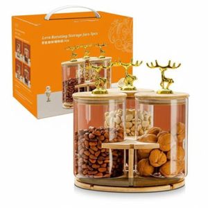 Set de 3 bocaux de rangement rotatifs premium avec couvercle en bois – Design cerf