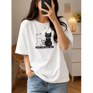 T-shirt coton femme blanche – Motif chats