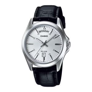 Casio Montre classique fond blanc avec affichage dateur (jours/mois) - Bracelet cuir noir - MTP-1370L-7AV