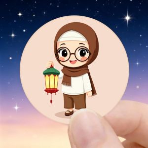 24pcs/48pcs Autocollants Musulmanes Fille de Dessin Animé avec Lanterne  Hijab Marron et Blanc Design de Personnage Mignon pour la Célébration du Ramadan et de l'Aïd, Autocollants en Papier Brillant