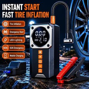 Démarreur de secours voiture avec pompe à air intégrée, 12 V, portable, avec lumières LED et ports USB