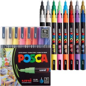 Posca Lot Economique 16 Marqueurs de peinture PC-3M conique fin couleurs populaires