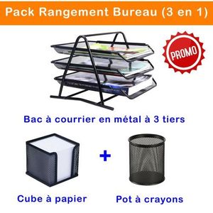 Generic Pack Rangement Bureau (3 en 1) : Bac à courrier + Cube à papier +  Pot à crayons à prix pas cher