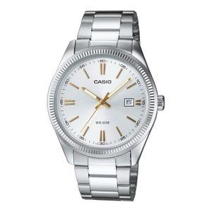 Casio Montre au design classique avec lunette cannelée et fond argente pour hommes - Dateur - MTP-1302D-7A2V