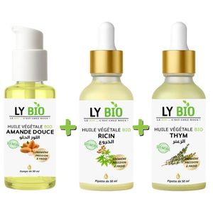 LY BIO PACK HUILE AMANDE DOUCE 50ml - POMPE + HUILE RICIN 50ml - PIPETTE + HUILE THYM 50ML - PIPETTE