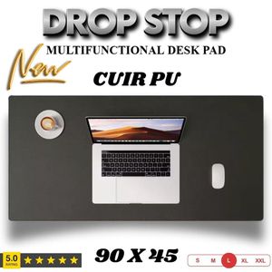 Drop Stop وسادة مكتب، وسادة ماوس، حصيرة مكتب من الجلد الصناعي المقاوم للانزلاق بحواف مخيطة، مثالية للمكتب والمنزل والمدرسة (رمادي داكن) 90 x 45x سم.