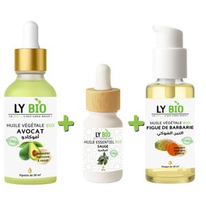 LY BIO PACK HUILE AVOCAT 50ml - PIPETTE + HUILE ESSENTIEL SAUGE 10ML + HUILE FIGUE DE BARBARIE 50ML - POMPE