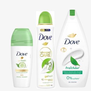 Dove Déodorants Spray -250 ml & Gel de Douche 720ml & Déodorant anti-transpirant roll-on parfum concombre 48h 50ml