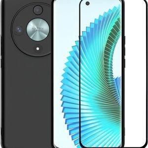 Case Pochette Souple Liquid Silicone pour Honor Magic 6 Lite Noir avec Verre Trempé Incassable Verre De Protection écran