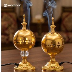 Encensoir Électrique Oriental Doré en Métal Ciselé - Brûleur d'Encens Traditionnel pour Bakhoor et Oud, Idéal pour Décoration de Maison, Salon et Fêtes (Lot de 2)